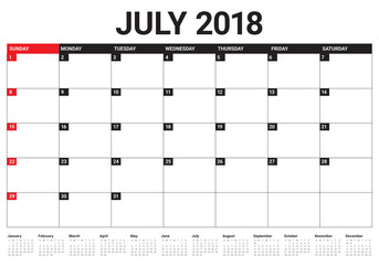 July 2018 calendar planner vector illustration