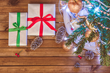 Christmas tree, toys and gifts top view.