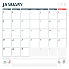 Calendar Planner for January 2018. Design Template. Week Starts on Monday. 3 Months on the Page