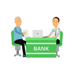 Obraz premium Smiling bank employee advises client. Old man and young guy sitting behind desk. Banking and finance. Cartoon people characters. Flat vector design