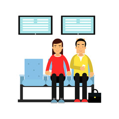 People sitting on chairs and holding queue number in hand. Waiting room for bank customers. Woman and man characters. Banking and financial affairs. Flat vector design