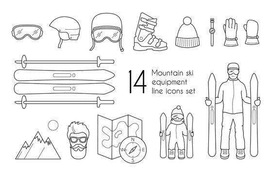 Mountain ski equipment line icons set isolated on white background. Vector winter sport illustration