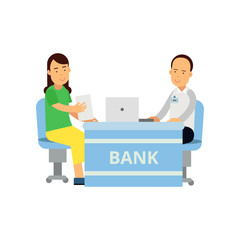 Obraz premium Banking consultant advises client on financial affairs. Man character in shirt and casual pants, woman in blouse and skirt. People sitting behind table. Flat vector design
