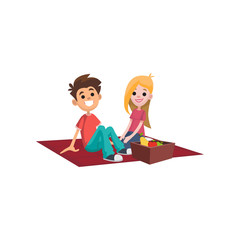 Couple at picnic spending time together outdoors. Couple sitting on plaid with food. Vector cartoon flat characters isolated on white background.