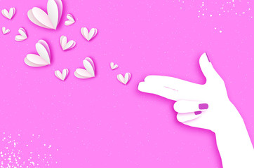 Woman hand making shape of pointed gun.Origami Female holding Two fingers like a revolver. Love Bang. White Hearts Shot. Paper cut style. Valentine day on purple. Romantic Holidays. 14 February.