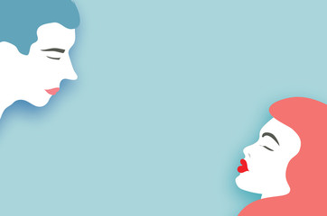 Cute Loving couple. Kissing. Holidays and celebration on blue. Happy Valentine's Day. Love day in paper cut style.