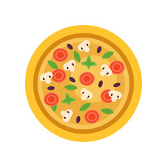 Italian pizza with different ingredients mushrooms, olives, tomatoes and green basil leaves. Graphic design element for cafe menu. Flat vector illustration