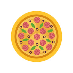 Round pizza with pepperoni, olives and green basil leaves. Traditional Italian cuisine. Isolated flat vector element for mobile app or cafe menu