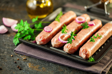 Kupaty - raw shashlik sausage of pork barbecue, grill. Raw sausage for grill.  Picnic. Selective focus.