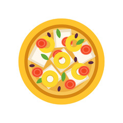 Cartoon pizza with various ingredients tomatoes, olives, mozzarella cheese, pineapples slices and green basil leaves. Fast food dish. Isolated flat vector design