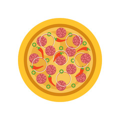 Thinly Italian pizza with traditional ingredients salami, red pepper, rings of onion and green olives. Fast food. Isolated flat vector design for pizzeria or cafe menu