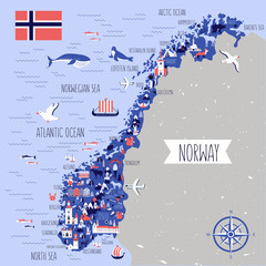 Norway travel cartoon vector map, norwegian landmark Brygge, Lindesnes Lighthouse, Narvik, Stavanger Cathedral, Akershus Fortress, Cathedral of the Northern Lights, Scandinavia,decorative wild animal