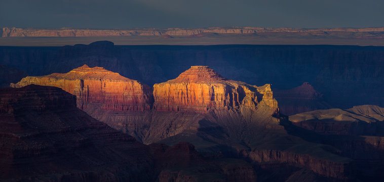 Sunset scenery at the Grand Canyon, Arizona, with beautiful light, in summer