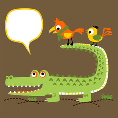 funny crocodile cartoon with two bird