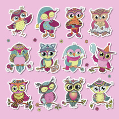 Obraz premium Set of 12 cute colorful cartoon owls