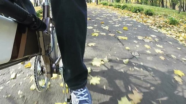
Point of view camera filming. Man cyclist ride on  autumn  yellow leaves in park.Back outlook 
