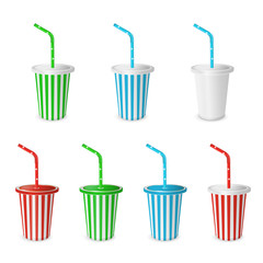 Collections Plastic fastfood cup for beverages with straw. Vector isolated on a white background. Red paper Cup for party.