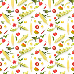 Seamless pattern of fresh vegetables isolated on white background (corn, tomato, pepper, cabbage broccoli), photo. Top view, flat layout.