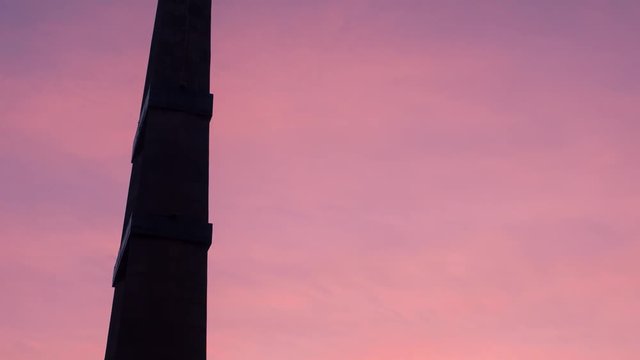 Timelapse of Friendship monument in Ufa at beautiful winter sunrise. Russia, Bashkortostan