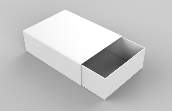 Realistic Package Cardboard Sliding drawer Box grey background. For small items, matches, and other things. 3d render illustration
