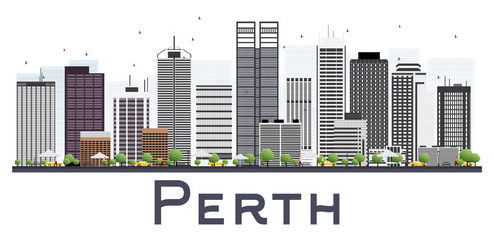 Obraz premium Perth Australia City Skyline with Gray Buildings Isolated on White Background.