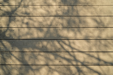 Soft abstract natural pattern of big tree branches shadow on light brown wooden plank strip grain texture surface walkway background on sunny day