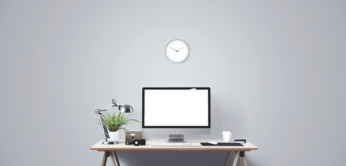 Computer display and office tools on desk. Desktop computer screen isolated..