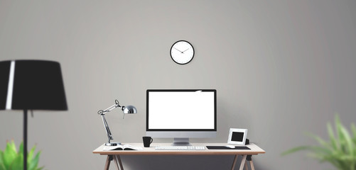 Computer display and office tools on desk. Desktop computer screen isolated..