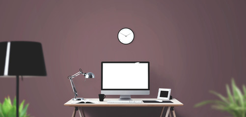 Computer display and office tools on desk. Desktop computer screen isolated..