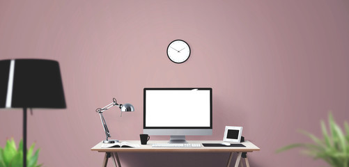 Computer display and office tools on desk. Desktop computer screen isolated..