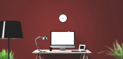 Computer display and office tools on desk. Desktop computer screen isolated..