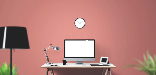 Computer display and office tools on desk. Desktop computer screen isolated..