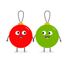 Christmas ball toy icon set. Love couple looking on each other, holding hands. Funny smiling face head. Cute cartoon character. Red and green. White background. Isolated. Flat design.