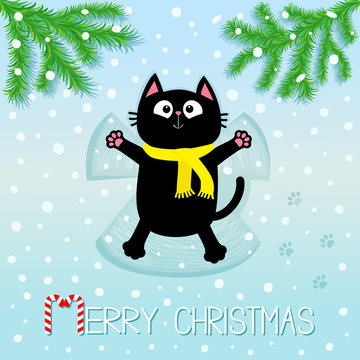 Merry Christmas. Black cat laying on back. Making snow angel. Fir tree. Branch spruce Firtree. Moving paws. Cute cartoon funny character Paw print track. Flat design. Blue snowflake background.