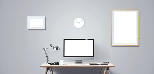 Computer display and office tools on desk. Desktop computer screen isolated. Modern creative workspace background. Front view.