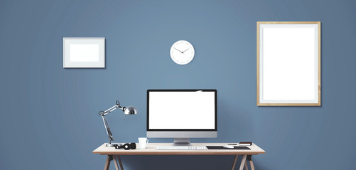 Computer display and office tools on desk. Desktop computer screen isolated. Modern creative workspace background. Front view.