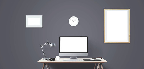 Computer display and office tools on desk. Desktop computer screen isolated. Modern creative workspace background. Front view.