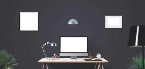 Computer display and office tools on desk. Desktop computer screen isolated. Modern creative workspace background. Front view.