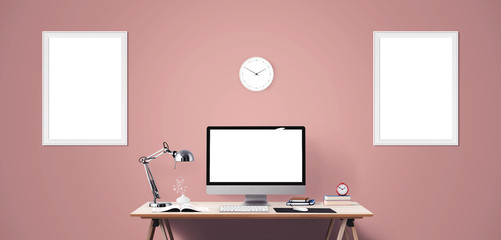 Computer display and office tools on desk. Desktop computer screen isolated. Modern creative workspace background. Front view.
