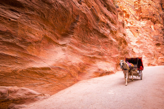 Horse and chariot ride in Siq, Petra, Jordan.