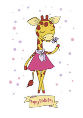 Cute colorful cartoon giraffe in pink dress