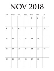 November 2018 planner calendar vector illustration