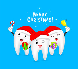 Cute cartoon Tooth Characters design wearing Santa hat. Merry Christmas and Happy new year concept. Illustration isolated on blue background.