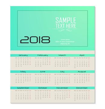 Calendar for 2018 Template flyer design on green background