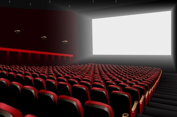 Fototapeta premium Cinema auditorium with red seats and white blank screen