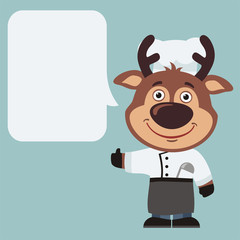 Chef deer with speech bubble in cartoon style. Smiling deer cook says and shows like.