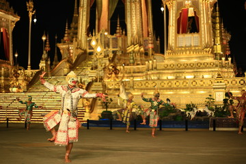 Khon performance high art dance show in front of King Rama IX Crematorium pyre site. 
Thailand, Bangkok, December 18, 2017.
