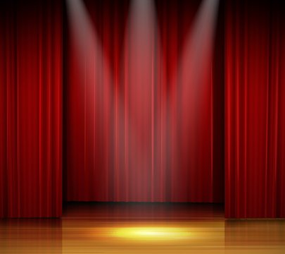Empty stage with red curtain and spotlight on wooden floor