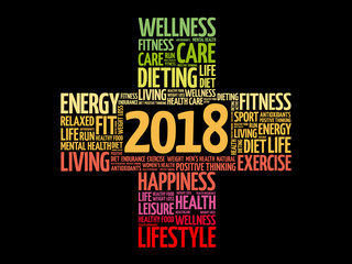 2018 Goals Health word cloud, health cross concept