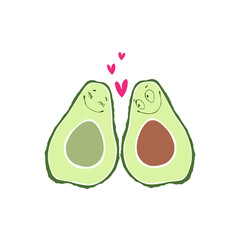 Avocado enamored. Humorous card with cute characters.Vector illustration on white background. Perfect for a wedding or Valentine's Day.